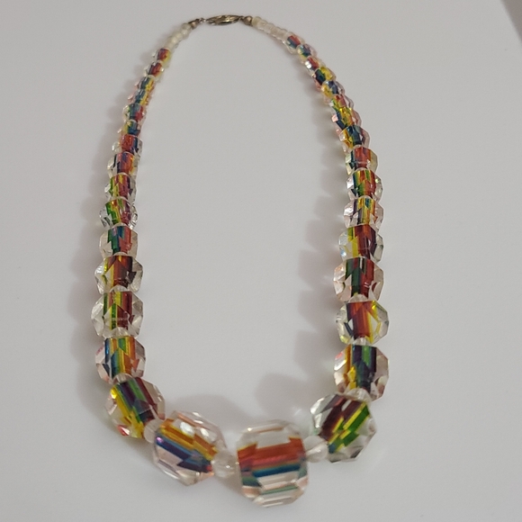 Antique 14k Iris Rainbow Glass Necklace Art Deco Stripe...